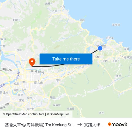 基隆火車站(海洋廣場) Tra Keelung Station(Ocean Square) to 實踐大學台北校區 map