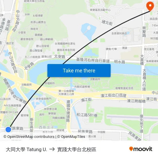 大同大學 Tatung U. to 實踐大學台北校區 map
