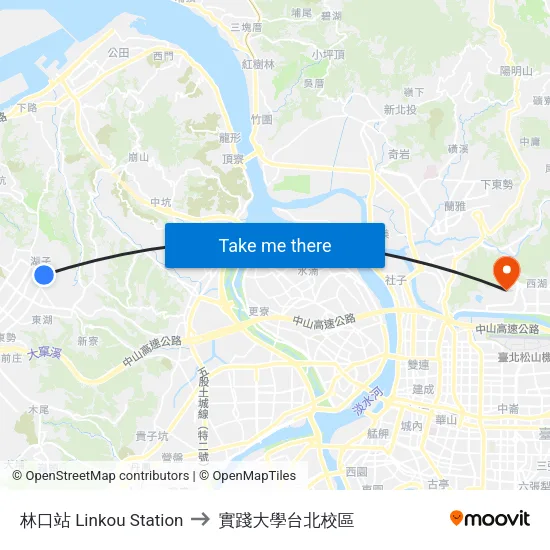 林口站 Linkou Station to 實踐大學台北校區 map