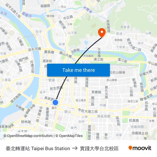 臺北轉運站 Taipei Bus Station to 實踐大學台北校區 map