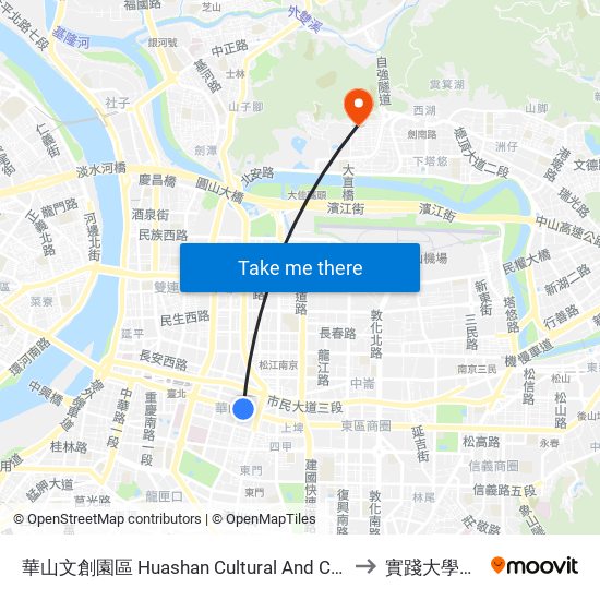 華山文創園區 Huashan Cultural And Creative Industries Park to 實踐大學台北校區 map