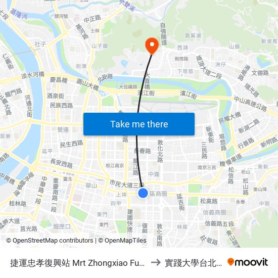 捷運忠孝復興站 Mrt Zhongxiao Fuxing Sta. to 實踐大學台北校區 map