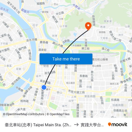臺北車站(忠孝) Taipei Main Sta. (Zhongxiao Rd.) to 實踐大學台北校區 map