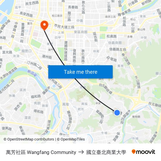 萬芳社區 Wangfang Community to 國立臺北商業大學 map