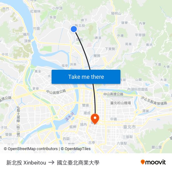 新北投 Xinbeitou to 國立臺北商業大學 map
