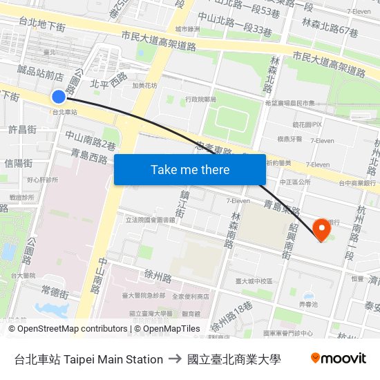 台北車站 Taipei Main Station to 國立臺北商業大學 map