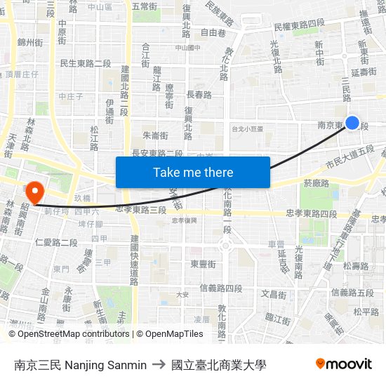 南京三民 Nanjing Sanmin to 國立臺北商業大學 map