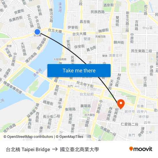 台北橋 Taipei Bridge to 國立臺北商業大學 map
