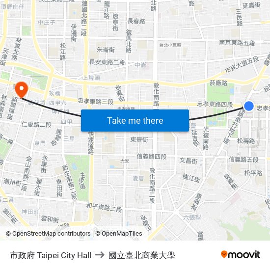 市政府 Taipei City Hall to 國立臺北商業大學 map