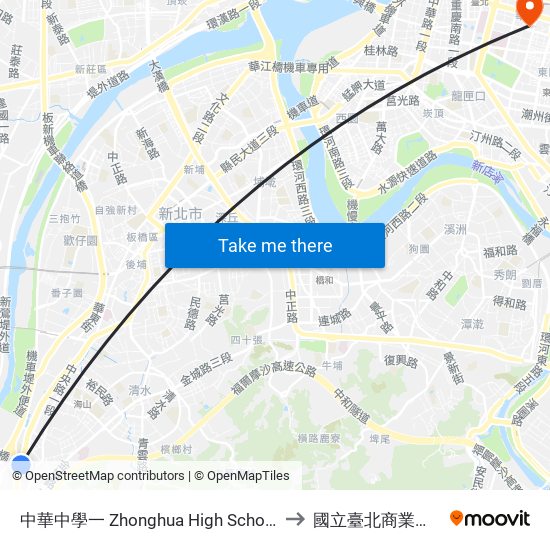 中華中學一 Zhonghua High School 1 to 國立臺北商業大學 map