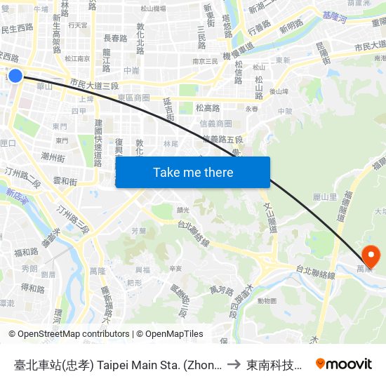 臺北車站(忠孝) Taipei Main Sta. (Zhongxiao) to 東南科技大學 map