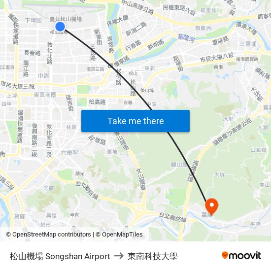 松山機場 Songshan Airport to 東南科技大學 map