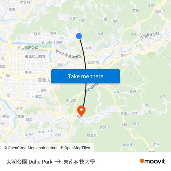 大湖公園 Dahu Park to 東南科技大學 map