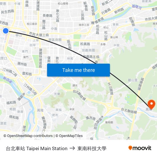 台北車站 Taipei Main Station to 東南科技大學 map