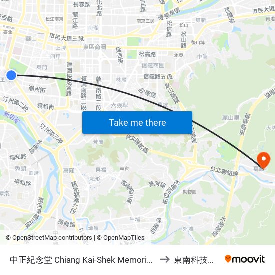 中正紀念堂 Chiang Kai-Shek Memorial Hall to 東南科技大學 map