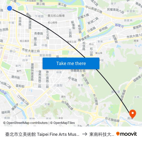 臺北市立美術館 Taipei Fine Arts Museum to 東南科技大學 map