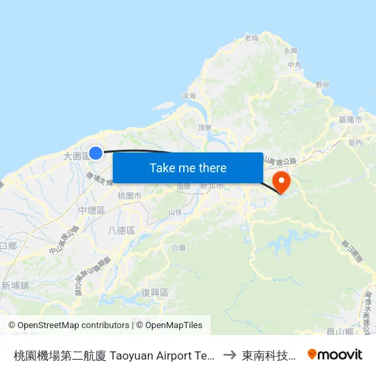 桃園機場第二航廈 Taoyuan Airport  Terminal 2 to 東南科技大學 map