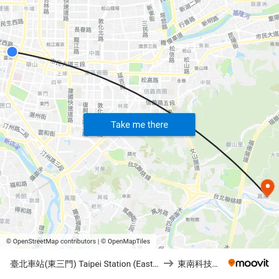 臺北車站(東三門) Taipei Station (East Gate) to 東南科技大學 map
