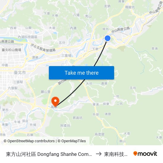 東方山河社區 Dongfang Shanhe Community to 東南科技大學 map