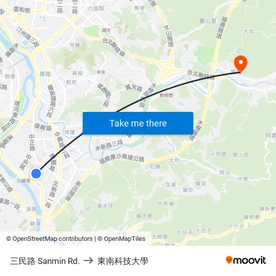 三民路 Sanmin Rd. to 東南科技大學 map