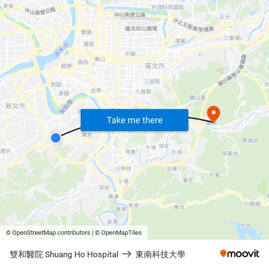 雙和醫院 Shuang Ho Hospital to 東南科技大學 map