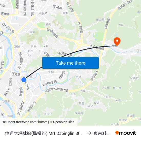 捷運大坪林站(民權路) Mrt Dapinglin Sta.(Minquan Rd.) to 東南科技大學 map