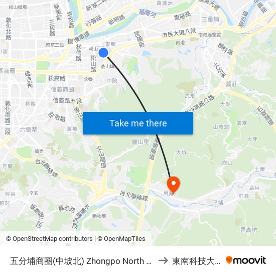 五分埔商圈(中坡北) Zhongpo North Rd. to 東南科技大學 map