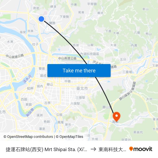 捷運石牌站(西安) Mrt Shipai Sta. (Xi’An) to 東南科技大學 map