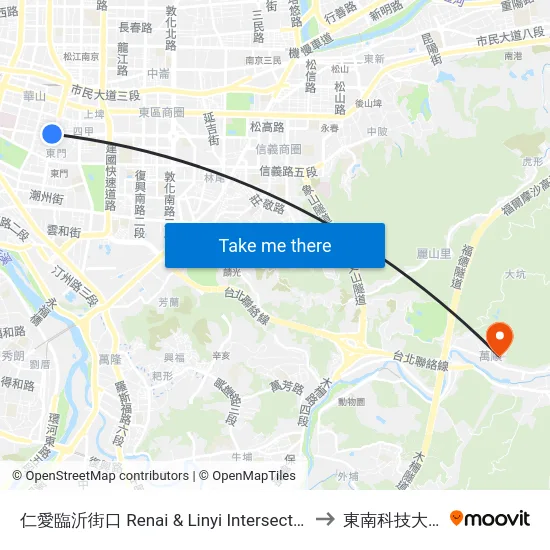 仁愛臨沂街口 Renai & Linyi Intersection to 東南科技大學 map