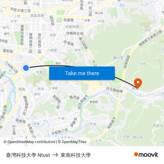 臺灣科技大學 Ntust to 東南科技大學 map
