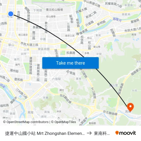 捷運中山國小站 Mrt Zhongshan Elementary School Sta. to 東南科技大學 map