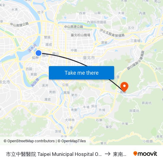 市立中醫醫院 Taipei Municipal Hospital Of Tradodional Chinese Medicine to 東南科技大學 map