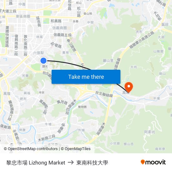 黎忠市場 Lizhong Market to 東南科技大學 map