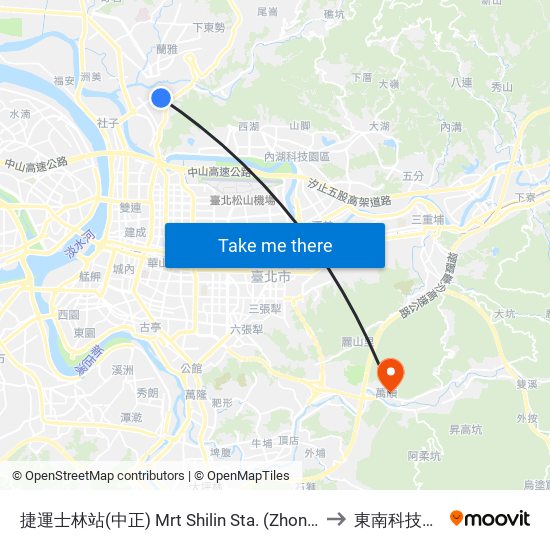 捷運士林站(中正) Mrt Shilin Sta. (Zhongzheng) to 東南科技大學 map