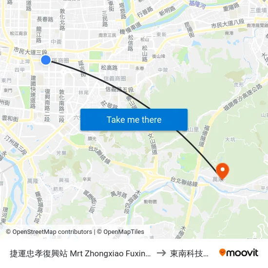 捷運忠孝復興站 Mrt Zhongxiao Fuxing Sta. to 東南科技大學 map