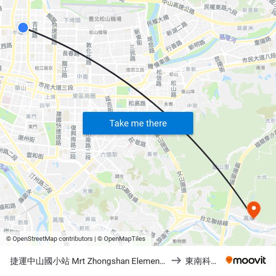捷運中山國小站 Mrt Zhongshan Elementary School Station to 東南科技大學 map