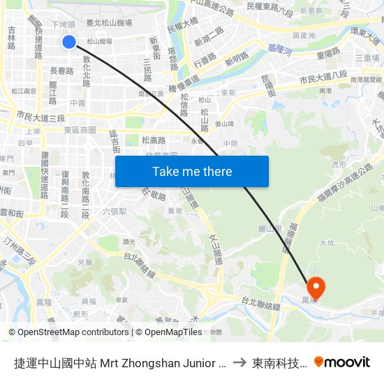 捷運中山國中站 Mrt Zhongshan Junior High School to 東南科技大學 map