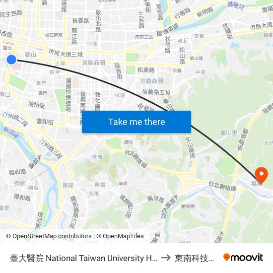 臺大醫院 National Taiwan University Hospital to 東南科技大學 map
