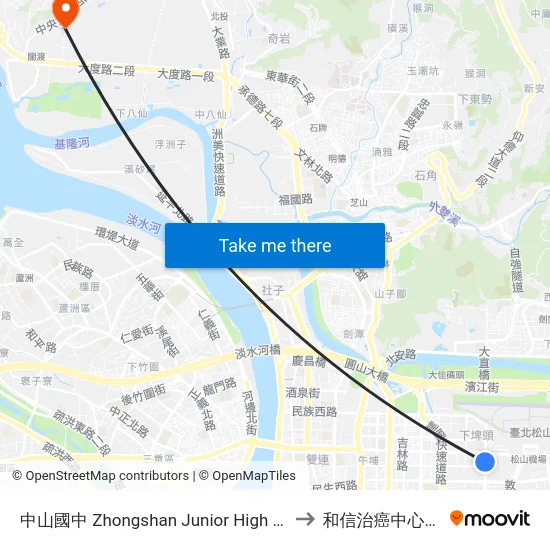 中山國中 Zhongshan Junior High School to 和信治癌中心醫院 map