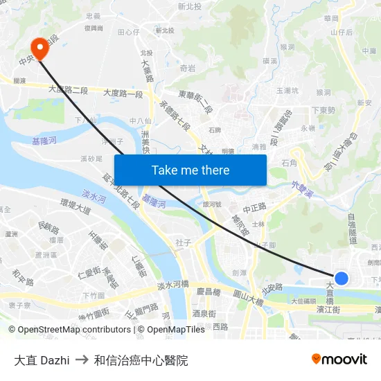 大直 Dazhi to 和信治癌中心醫院 map