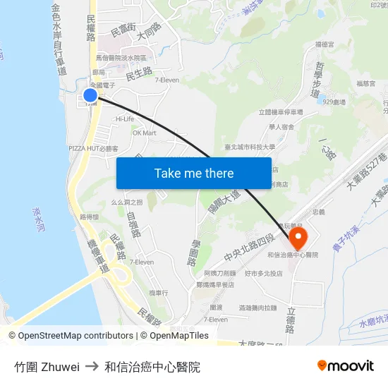 竹圍 Zhuwei to 和信治癌中心醫院 map