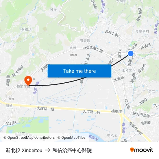 新北投 Xinbeitou to 和信治癌中心醫院 map