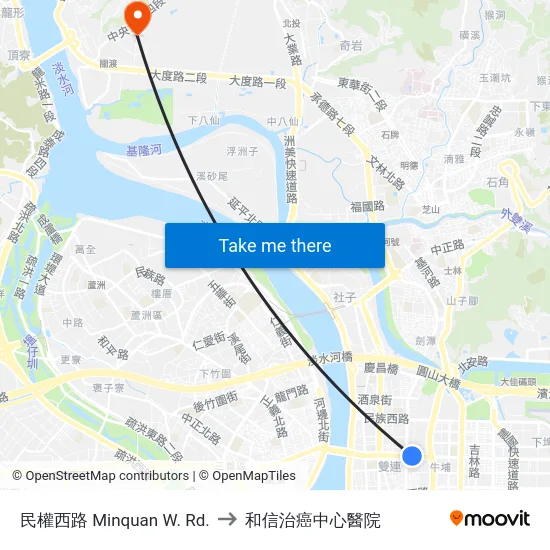 民權西路 Minquan W. Rd. to 和信治癌中心醫院 map