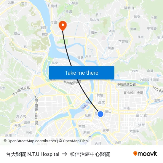 台大醫院 N.T.U Hospital to 和信治癌中心醫院 map