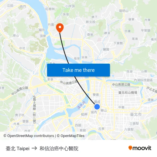 臺北 Taipei to 和信治癌中心醫院 map