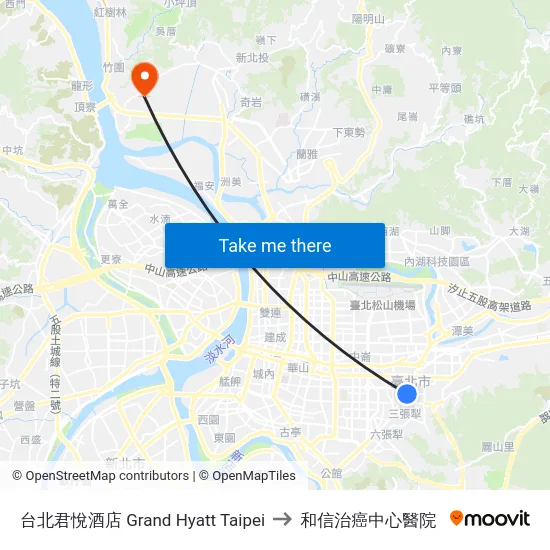 台北君悅酒店 Grand Hyatt Taipei to 和信治癌中心醫院 map