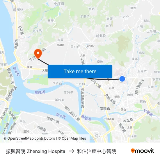 振興醫院 Zhenxing Hospital to 和信治癌中心醫院 map