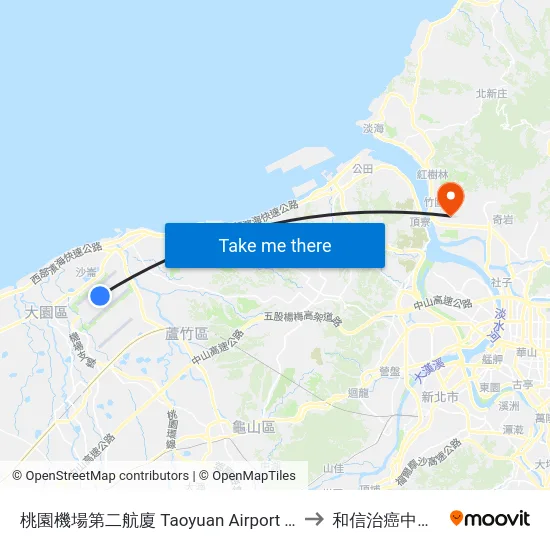 桃園機場第二航廈 Taoyuan Airport  Terminal 2 to 和信治癌中心醫院 map