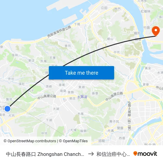 中山長春路口 Zhongshan  Chanchun Road to 和信治癌中心醫院 map