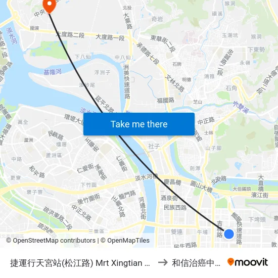 捷運行天宮站(松江路) Mrt Xingtian Temple Station to 和信治癌中心醫院 map